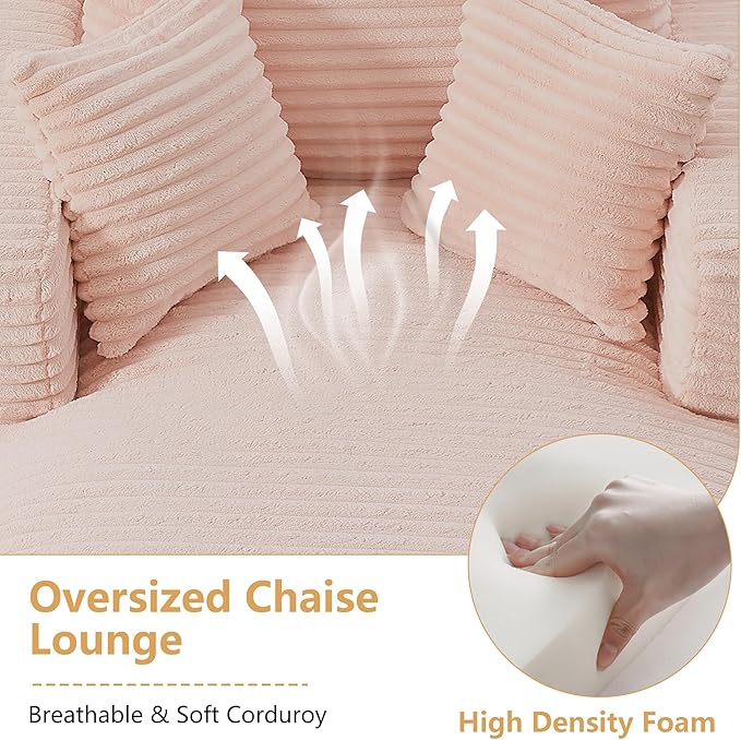 Oversized Chaise Lounge Chair Indoor Modern Corduroy Lounge Couch Comfy Upholstered Sleeper Sofa with Throw Pillows Fluffy Reading Chair Bed for Living Room Pink