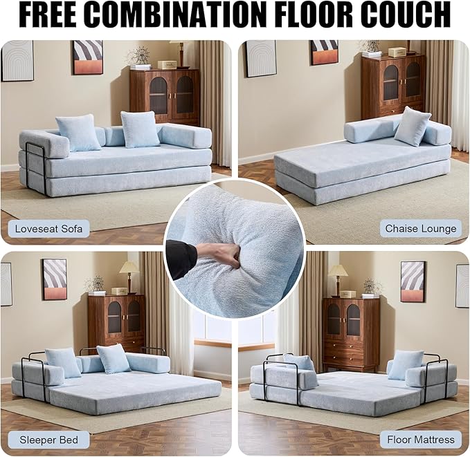 Folding Convertible Sofa Bed 4-in-1 Boneless Couch Sleeper Sofa 76.8'' Chenille Foldable Mattress Couch with Fixed-Shape Frame Floor Sofas Modular Futon Couches for Living Room Light Blue