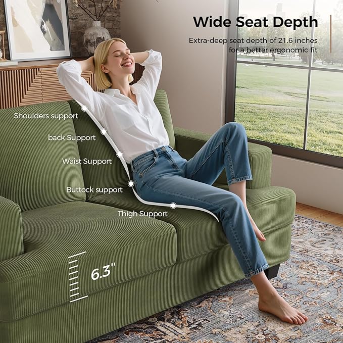 63 Inch Sofa with Extra Deep Seats Oversize Corduroy Fabric 2 Seater Sofa for Living RoomModern Couch and Loveseat Comfy Armrests and Seats and Backrests Easy Installation Green
