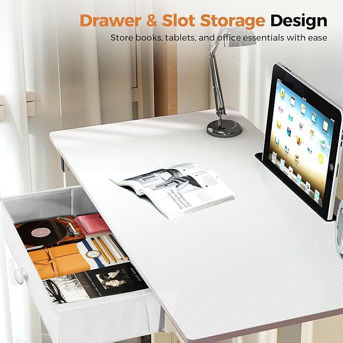 GTPLAYER Small Mobile Standing Desk 32In Wide Adjustable Height Stand Up Desk for Home Office Portable Sit Stand Rolling Computer Desk with Wheels Storage Drawer and Slot Carbon Fiber Style White