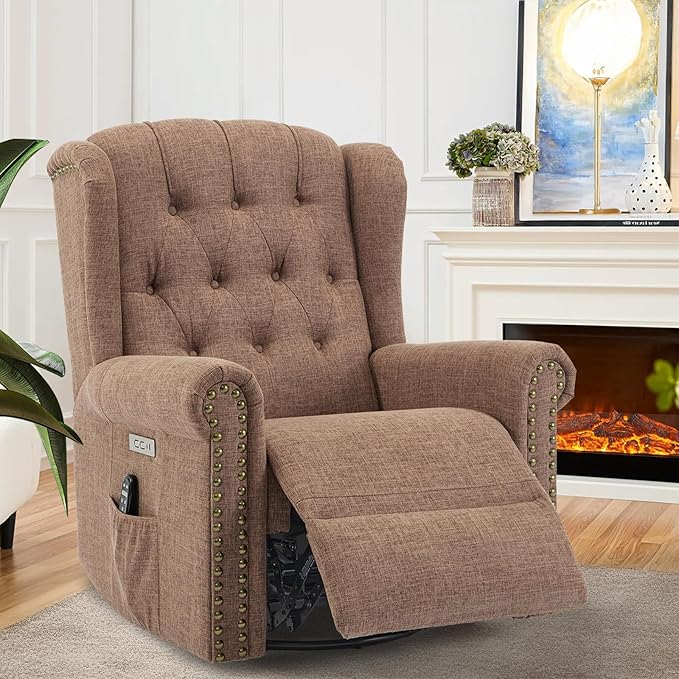 VIVIJASON Power Swivel Rocking Recliner Chair with Massage &amp Heat Electric Rocker Nursery Glider Chair Wingback Tufted Upholstered Recliner W/Type-C &amp USB Ports for Living Room Bedroom Bro