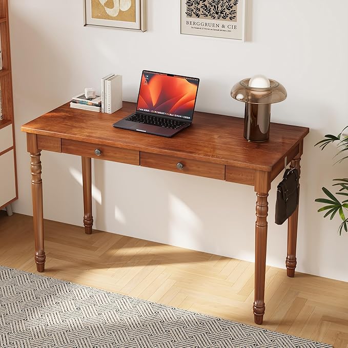 Mid Century Modern Desk 47 Vintage Solid Wood Desk with 2 Drawers Boho Writing Desk Computer Table for Home Office Bedroom Living Room