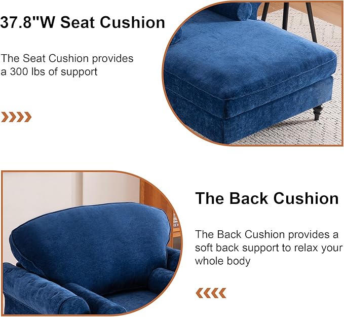 59.3 D Chaise Lounge Chair IndoorModern Chenille Upholstered Recliner Sofa with 2 Rolled PillowsComfy Sleeper Chair Bed for Living Room Bedroom Office(Blue 1 Seat)