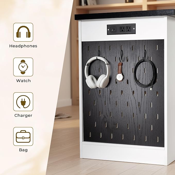 RiteSune 55 Office Desk with USB Charging Fluted Computer Desk with Pegboard Convertible Keyboard Tray &amp Adjustable Storage Cabinet Modern Home Office Desk