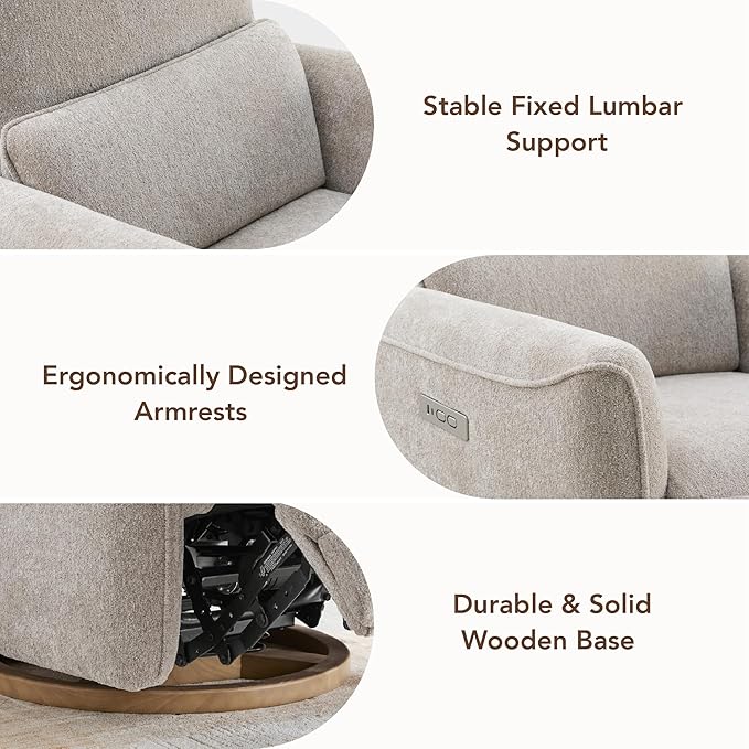 CHITA Power Nursery Rocking Chair Swivel Glider Recliner Chair with Solid Wood Base Bulit-in USB &amp Type-C Charging Ports for Living Room FSC Certified Taupe