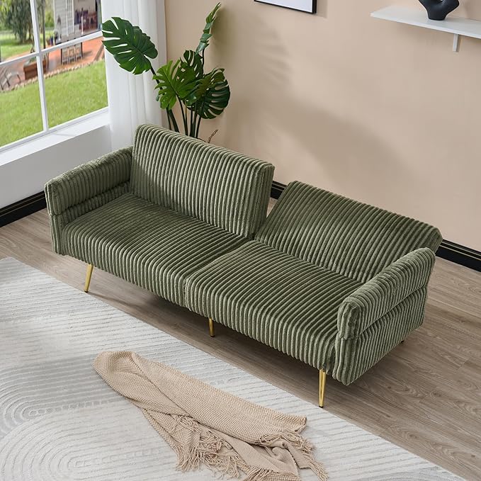 Green 79 Convertible Futon Sofa Bed with Adjustable Backrest &amp Armrests Modern Corduroy Folding Loveseat Sleeper Couches with Two Soft Pillows for Living Room Apartment Office (Green)