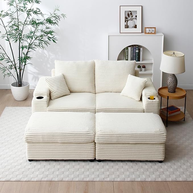 70.8 W Luxurious Corduroy Loveseat with Ottomans - Plush and Cozy Modular Sectional Sofa Set with Pillows Rack for Cozy Reading Compact Living Room (Beige &amp Two Seats)