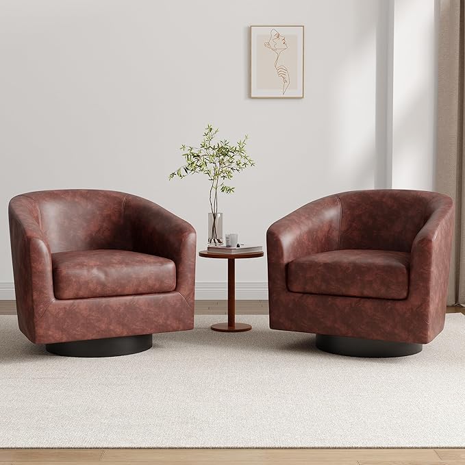 Lumibee Faux Leather Swivel Barrel Chairs Upholstered Comfy Round Swivel Accent Chair 360° Rotation Single Sofa Club Armchair for Living Room Reading Room Bedroom Red Brown