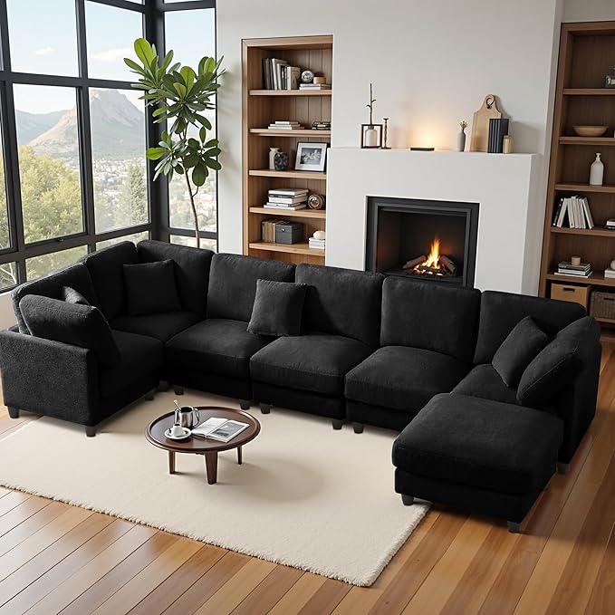 117 Modular Sectional Sofa with Movable ChaiseModern Chenille Cloud Sectional Couch with Deep SeatU Shaped Compressed Boneless Sofa for Living RoomNo Assembly Required (Black)