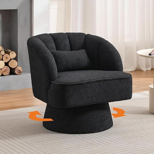 Swivel Accent Chair with Armrest Modern 360 Degree Swivel Round Lounge Chair with Curve Back and Cushion Comfy Upholstered Armchair Sofa for Living Room Bedroom Reading Room Black Teddy 1PCS