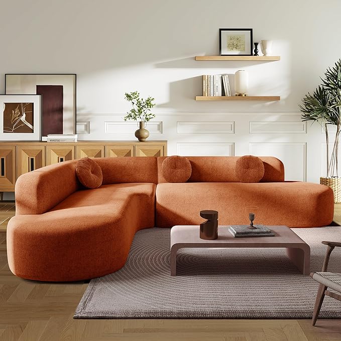 Deep Seat Curved Sectional Sofa - Cloud Round Couch with Elegant Curved Design &amp 3 Round Cushions L-Shaped Comfy 4 Seater Floor Sofa No Assembly Required (Orange)