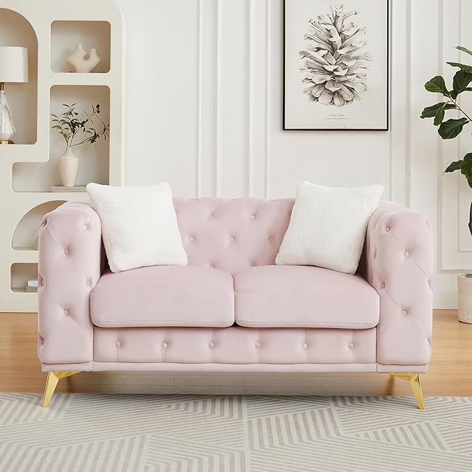 61.25'' Velvet Chesterfield Sofa Button Tufted Upholstered Love Seat Sofa Couch with 2 Pillows Golden Metal Feets Removable Thick Cushions Small Loveseat Couches for Living Room Apartment Pink