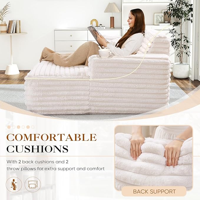 Chaise Lounge Chair Indoor Comfy Corduroy Plush Fluffy Foam Floor Compression Sofa Chair Leisure Reading Single Sleeper Chaise Chair for Living Room Bedroom Office Pillows Included (Beige)