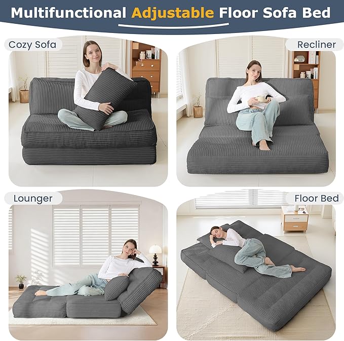 Convertible Folding Sofa Bed with Fixed FrameBoneless Couch Loveseat Sleeper with 5-Position Adjustable Backrest &amp Thickened CushionFuton Couch with 2 Pillows for BedroomSmall Spaces