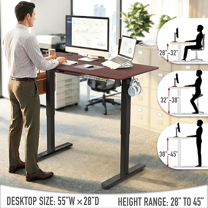 SHW 55 x 28 Inches Electric Height Adjustable Standing Desk with Drawer and Memory Preset Cherry