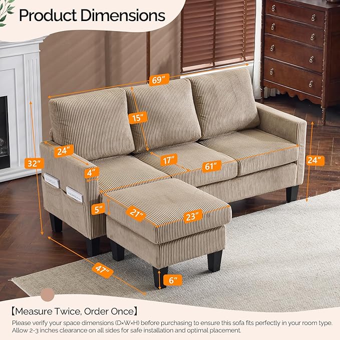 VINGLI 68.5' L Shaped Couch with Movable Storage Ottoman Convertible Sectional Sofa in Soft Corduroy Fabric Modern Reversible Chaise Couch for Small Spaces Apartment Living RoomKhaki