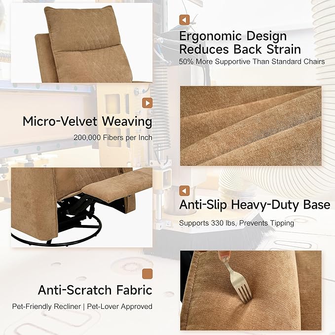 Swivel Rocker Recliner Chair for Adults Rocking Chair Small Swivel Recliner for Small Spaces Living Room Bedroom RV(Khaki)