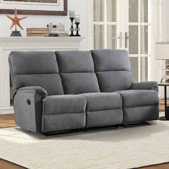 EBELLO Fabric Manual Reclining 3 Seat Sofa Couch Recliner Sofa with Sturdy Robust Metal Base 3 Seats for Small Living Room Bedroom and Meeting Room Grey