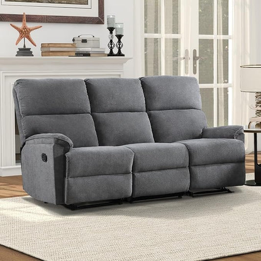 EBELLO Fabric Manual Reclining 3 Seat Sofa Couch Recliner Sofa with Sturdy Robust Metal Base 3 Seats for Small Living Room Bedroom and Meeting Room Grey