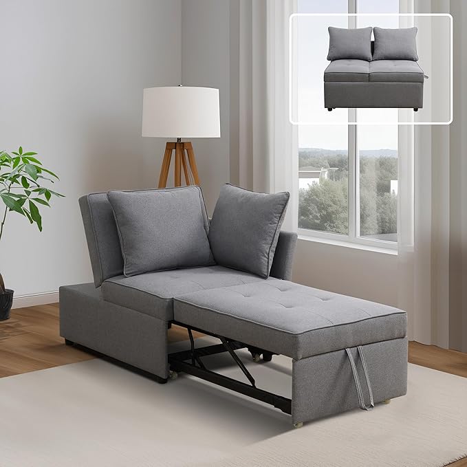 Sleeper Sofa 4-in-1 Convertible Ottoman Couch Bed Modern Sackcloth Futon Sofa Bed with 2 Pillows Adjustable Backrest Recliner Folding Loveseat for Living Room Apartment Dorm OfficeGrey