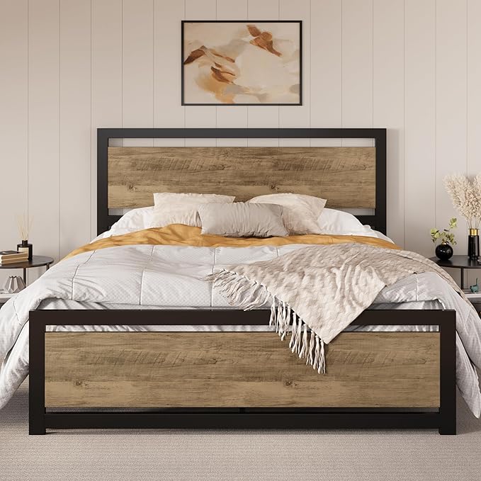 SHA CERLIN Queen Size Bed Frame with Modern Headboard Heavy Duty Platform Metal Base with Square Footboard and 13 Strong Slats Support No Box Spring Needed Brown