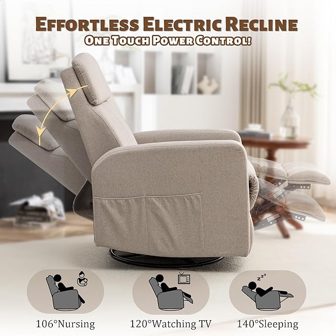 Power Swivel Recliner Chairs for Adults Electric Glider Rocking Chair Nursery Glider Recliner Nursery Chair with Classified Side Pocket Nursery Rocking Chairs with USB and Type-C Ports