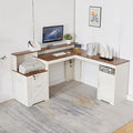 60 L Shaped Executive Desk with Printer SpaceCorner Computer Desk with Power OutletsLockable Drawers &amp Adjustable File CabnetL Shaped Office Desk with Monitor Stand
