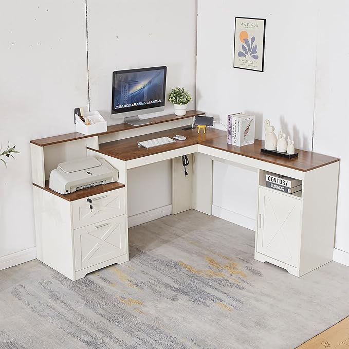60 L Shaped Executive Desk with Printer SpaceCorner Computer Desk with Power OutletsLockable Drawers &amp Adjustable File CabnetL Shaped Office Desk with Monitor Stand