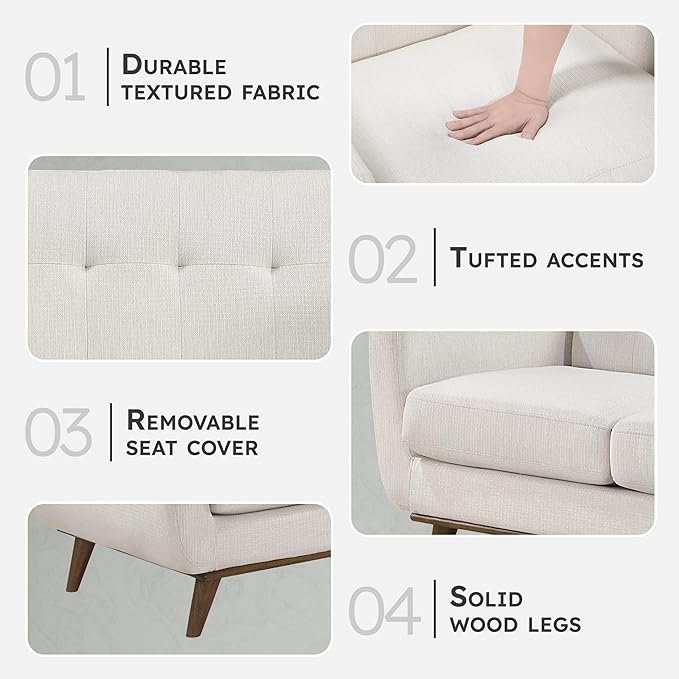 Lexicon Modern Accent Couch Textured Fabric Upholstered Loveseat with Brown Wood Legs Track Arms Tufted Couch Back 2 Seater Loveseat Sofa for Living Room/Office/Waiting Room Beige