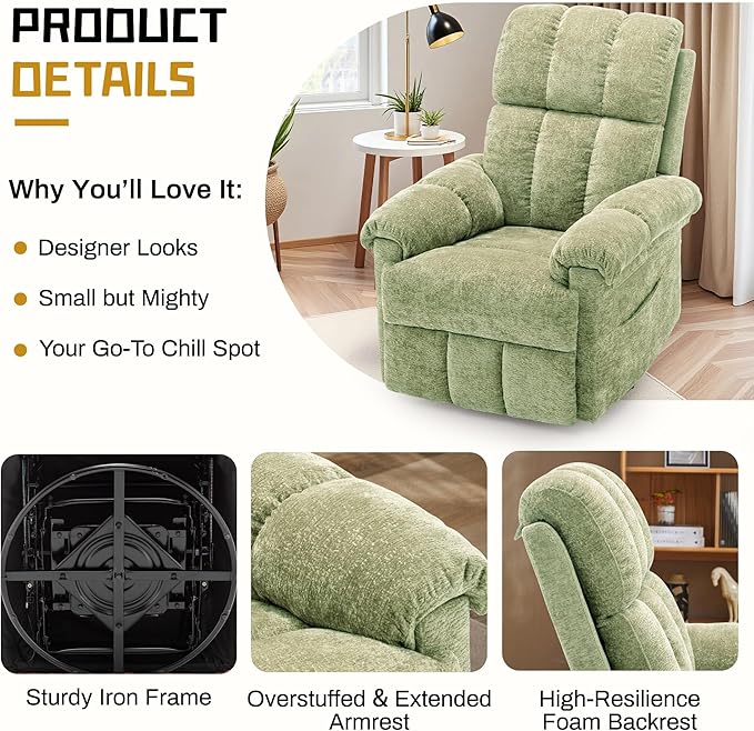 Recliner Chair Swivel Rocker Recliner Chair for Adults Small Recliners for Small Spaces Upholstered Manual Recliner with Side Pockets Nursery Rocking Chair for Living Room Chenille Green