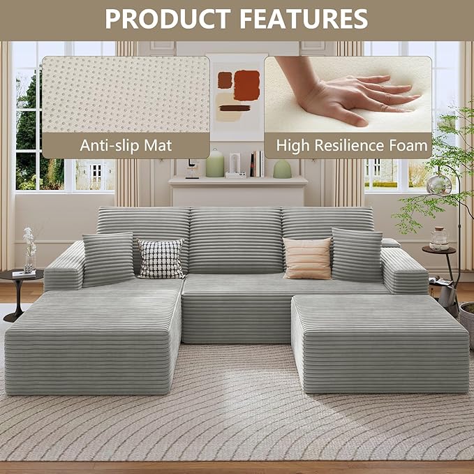 107 Cloud Sectional Couch with U-Shaped Chaise Corduroy Sectional Sofa with Ottoman Boneless Couch with Deep Seat in a Box for Living Room No Assembly Required (Grey Left Facing Chaise)