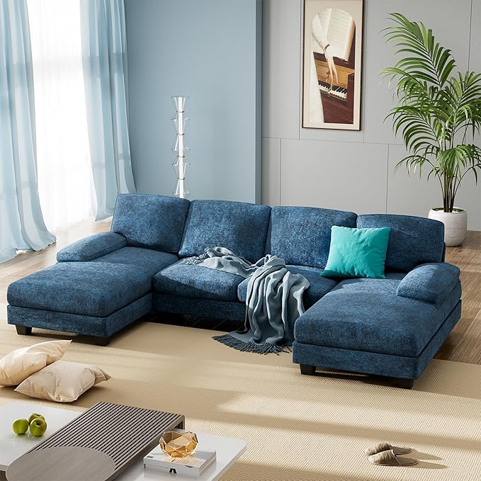 Furniwell Convertible Sectional Sofa Couch 4 Seat Sofa Set for Living Room U-Shaped Modern Fabric Modular Sofa Sleeper with Double Chaise &amp Memory Foam (Fabric Blue)
