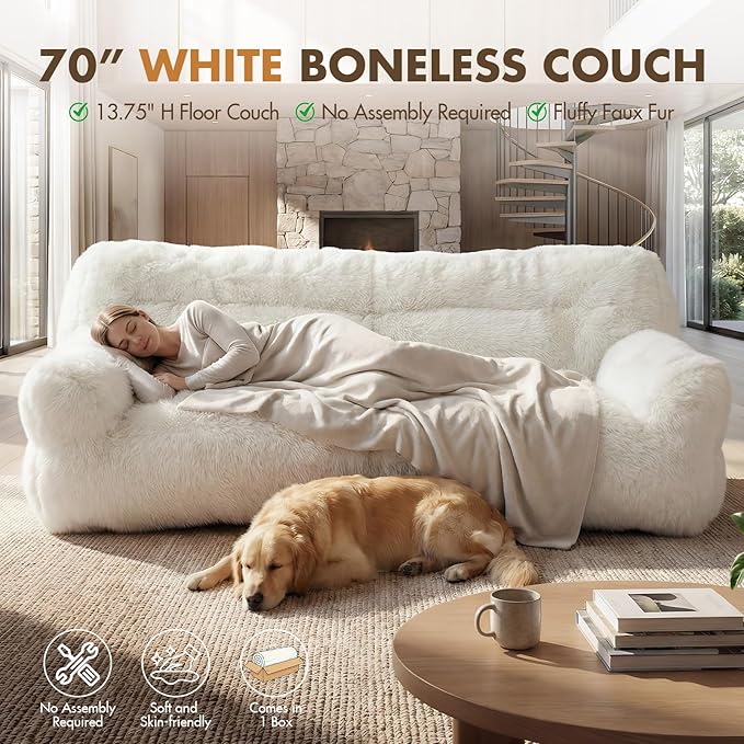White Compressed Couch 70 2-Seater Fluffy Faux Fur Boneless Loveseat Sofa with Memory Foam for Living Rooms Bedrooms Apartments No Assembly Required | Plush faux fur Memory foam comfort Zero as