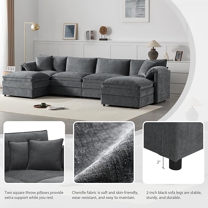 136 U Shaped Modern Cloud Sofa Modular Sectional Couch with 2 Ottoman 6-Seat Chenille Deep Seat Sofa with Pillow for Living Room Bedroom and Apartment Dark Grey