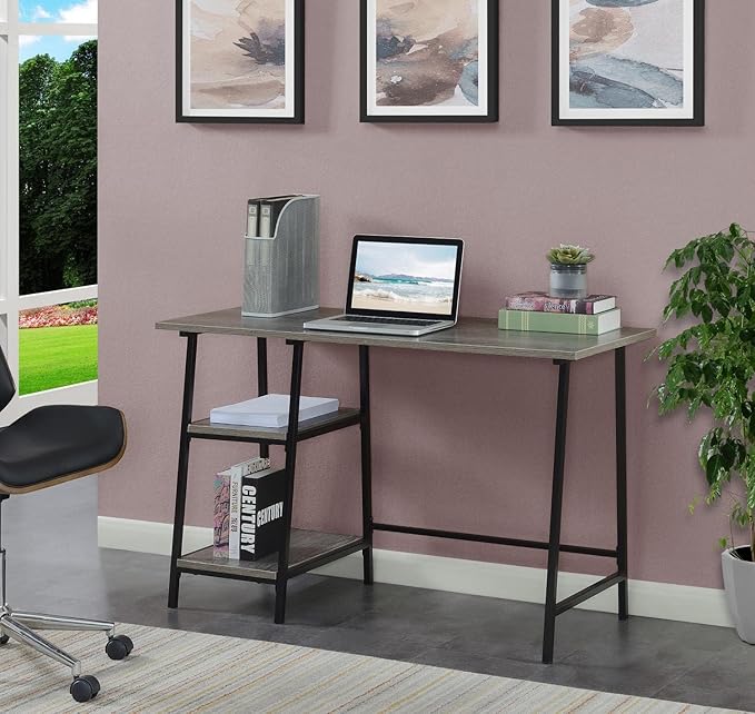 Pemberly Row Trestle Desk 47 in x 20 in x 29.25 in Weathered Gray Particle Board Wood Black Powder Coated Metal Frame Removable Shelves Home Office Workstation Modern Style