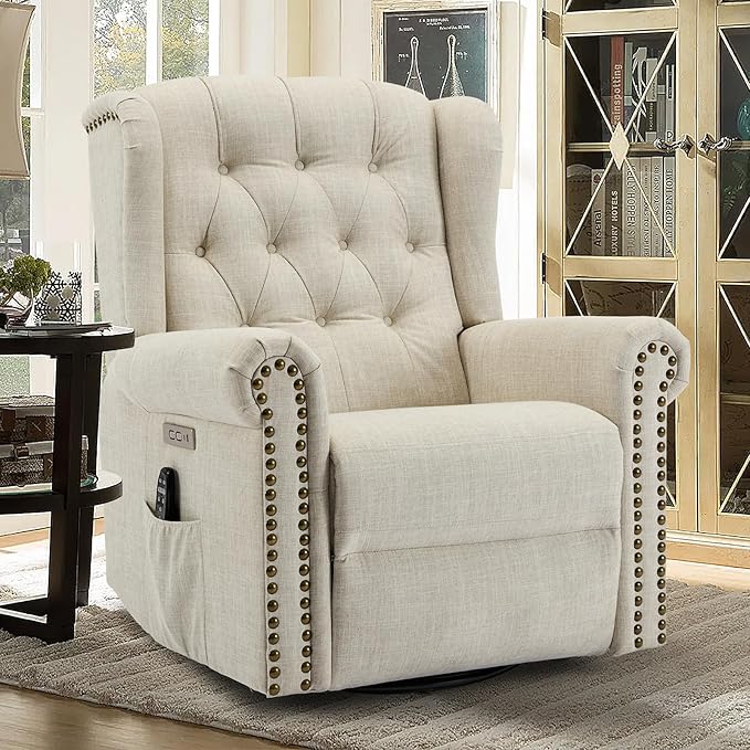 Power Swivel Rocking Glider Recliner Chair Electric Nursery Reclining Sofa Chair with Heat and Massage Wingback Tufted Upholstered Recliner for Living Room USB and Type-C Ports Beige