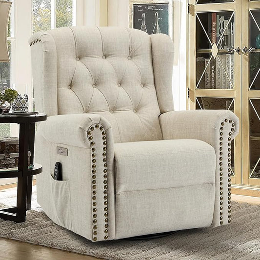 Power Swivel Rocking Glider Recliner Chair Electric Nursery Reclining Sofa Chair with Heat and Massage Wingback Tufted Upholstered Recliner for Living Room USB and Type-C Ports Beige