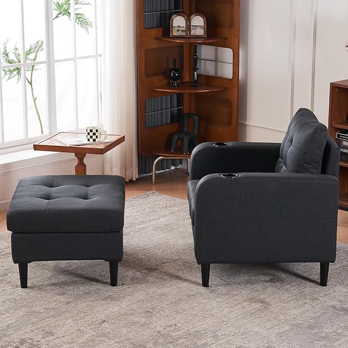 Accent Chair with Ottoman Set Upholstered Armchair with Storage Ottoman Cup Holders &amp Side Pocket Single Sofa Chair with Tufted Detailing for Living Room or Bedroom (Dark Grey)