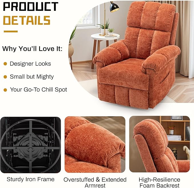 Recliner Chair Swivel Rocker Recliner Chair for Adults Small Recliners for Small Spaces Manual Recliner with Side Pockets Upholstered Nursery Rocking Chair for Living Room Chenille Orange
