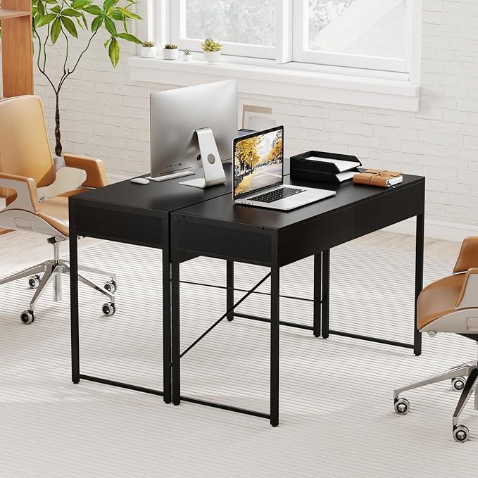 LDAILY Computer Desk with 2 Drawers 44 Inch Home Office Desk with Sturdy Steel Frame &amp X-Bracket Support Spacious Study Writing Workstation Table for Bedroom or Small Spaces (Black)
