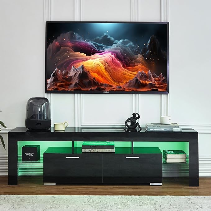 Nrizc Black LED TV Stand for 75 Inch TV High Gloss TV Entertainment Center with Storage Drawer TV Console Table for Living Room Bedroom