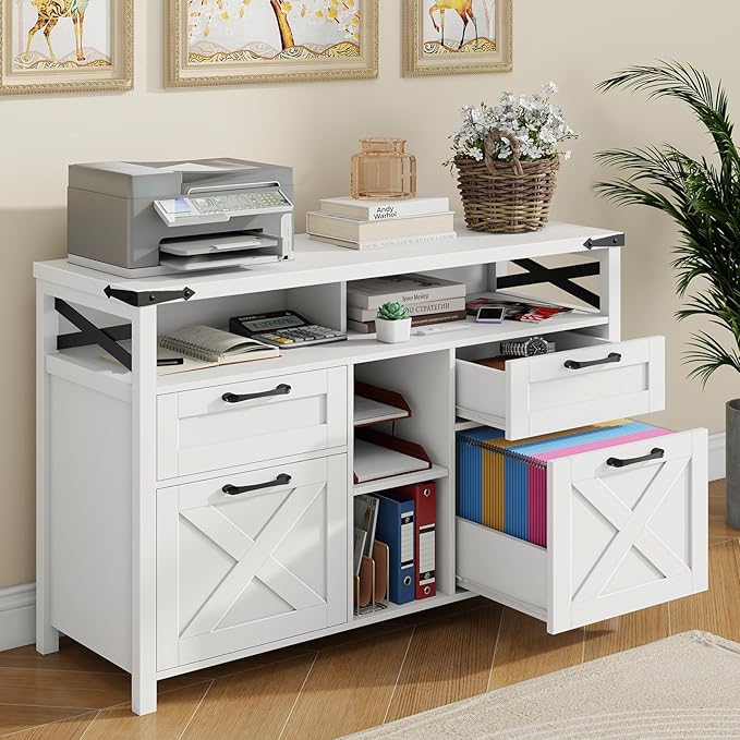 Farmhouse Filing Cabinet with Adjustable Shelf for Home Office Lateral File Cabinets 4 Drawers with Open Storage Shelf Filing Organization Storage Cabinets for Hanging Files Letter/A4.(White)
