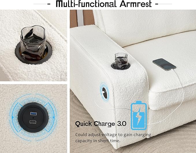 VanAcc Sofa Comfy Couch- Deep Seat Sofa Modern Couch with Cup Holders &amp USB Charging Ports Sofa Chair for Living Room(Offwhite Bouclé)