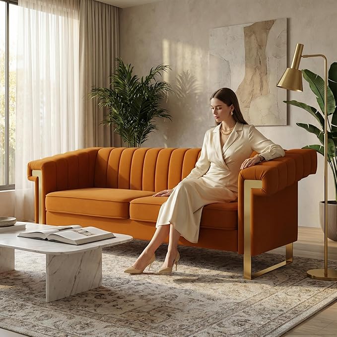 Luxury Velvet 3-Seater Sofa Mid-Century Modern Couch with Gold Metal Legs Waterfall Stitched Back Removable Cushions for Living Room Durable &amp Comfortable (Orange)