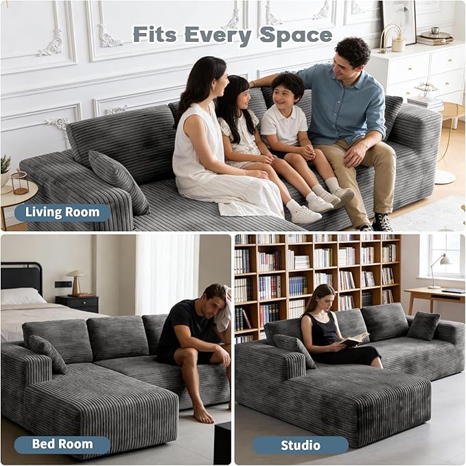106 Corduroy Sectional Couch Boneless L Shaped Couch with Deep Seat Cloud Foam Sofa with Oversized Chaise Sectional Sofa No Assembly Needed for Living Room