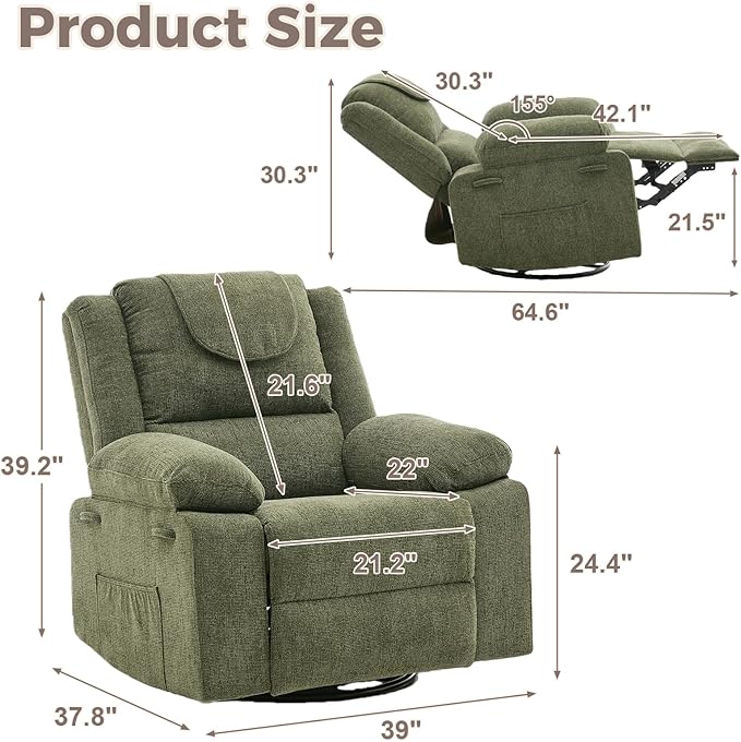Swivel Rocker Recliner Chair for Adults with Massage and Heat Oversized Linen Fabric Glider Nursery Chair with Deep Seat High Backrest Upholstered Single Sofa for Living RoomGreen