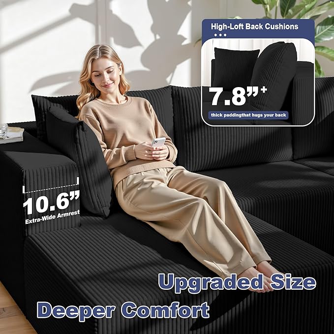 138 Boneless Couches for Living Room Modular Cloud Couch Sofa - 5 Pieces U Shap Corduroy Sectional Sofa Fluffy Memory Foam Sleeper Sofa Furniture No Assembly Wide Armrest Black