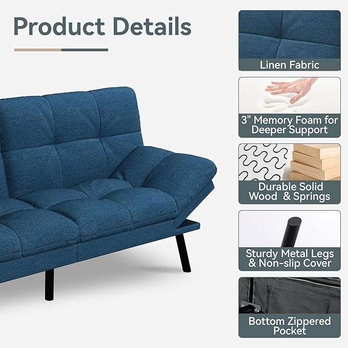 Opoiar Convertible Futon Sofa Bed Blue Linen Futon Couch with Adjustable Backrest &amp Armrests Folding Small Recliner Sleeper Sofa Bed for Living Room Apartment Office