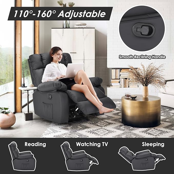 Recliner Chair Upholstered Rocker Recliner Chair with Side Pocket Ergonomic 110°-160° Adjustable Reclining Chairs for Adults Single Sofa Chair with FootrestRecliner Sofa for Living Room