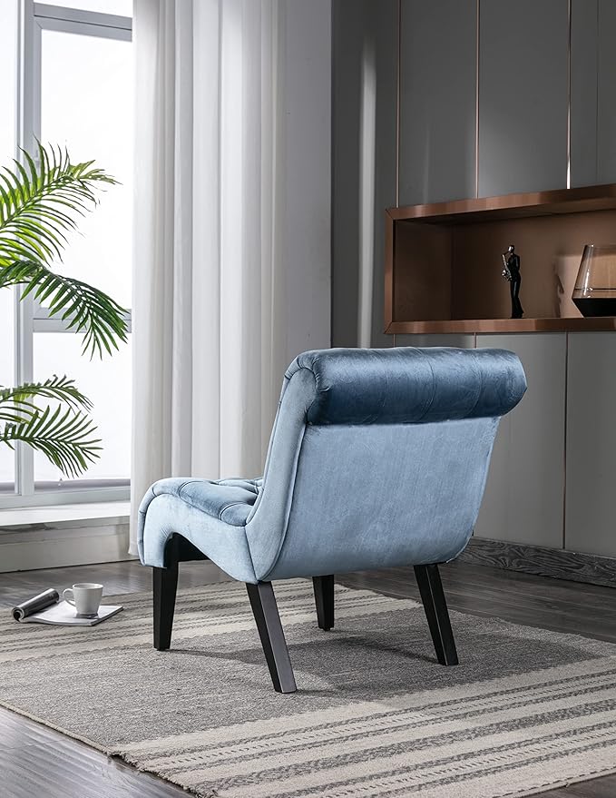 Modern Armless Living Room Chair/Leisure ChairUpholstered Fabric Button Comfortable Chair with Wooden Legs for Bedroom Living Room Office (Light Blue)